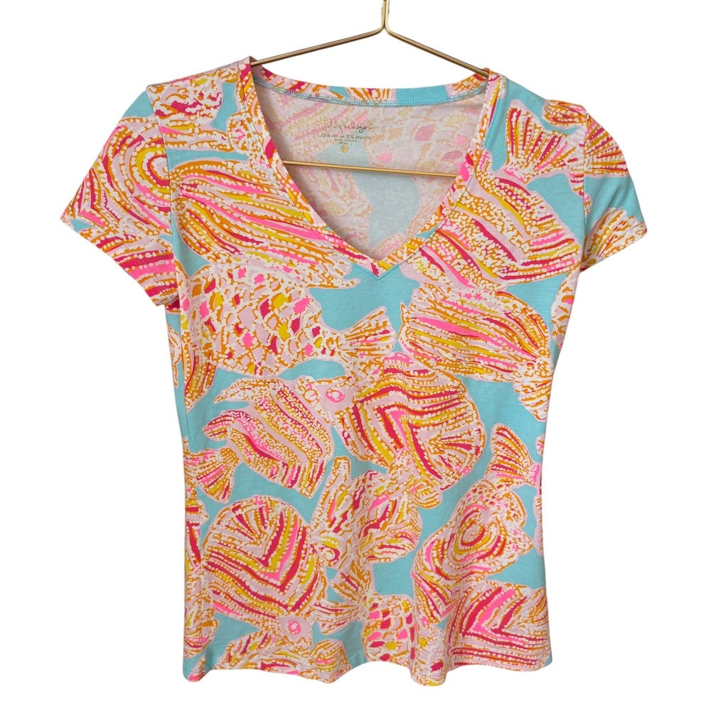Lilly Pulitzer V-Neck Top‎ Fish Print Colorful Short Sleeve Tee Size XXS